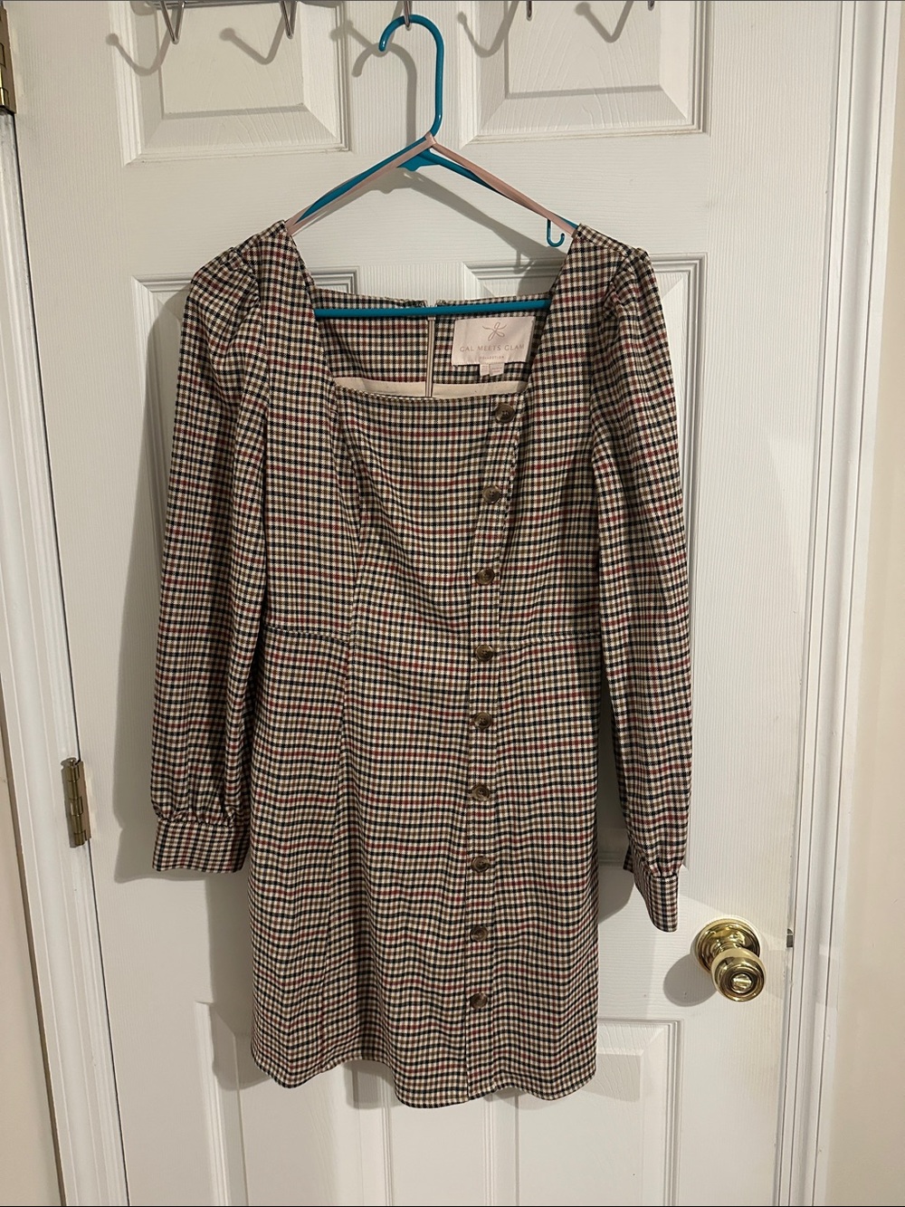 Gal Meets Glam Checked Button-Front Long Sleeve Midi Dress in Brown and Cream
